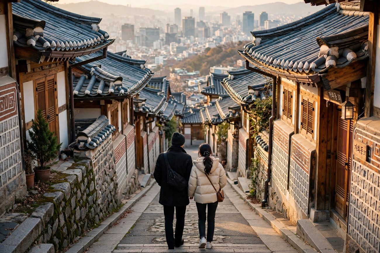 A couple walking a hanok lane in Bukchon, like a K-drama scene